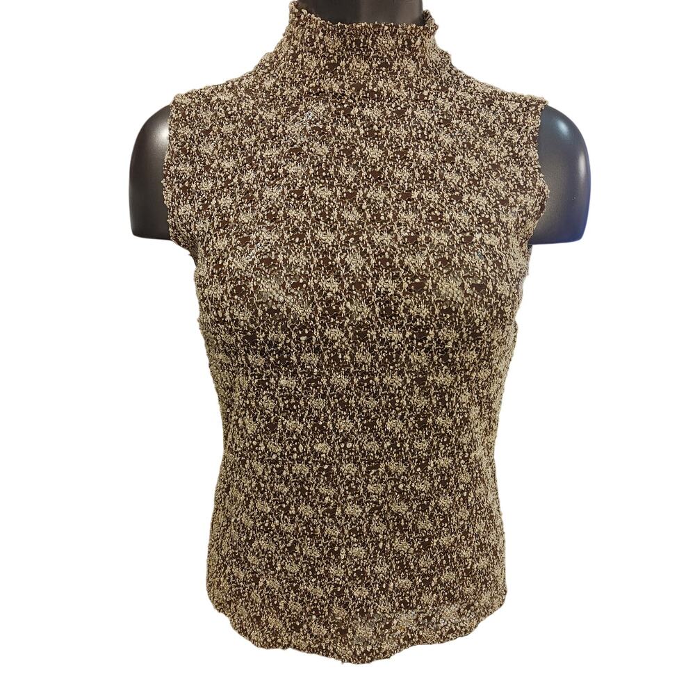 VTG EK Designs Women's M Brown/Gold Knit Sleeveless Mock Neck Top